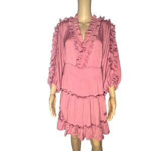 Glam Spring Deep V-Neck Ruffle Long Sleeve Open Back Smock Mini Dress Small